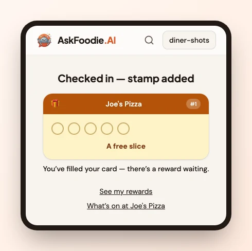 The tap screen showing a punch card with every stamp filled and the line
"You've filled your card — there's a reward waiting."