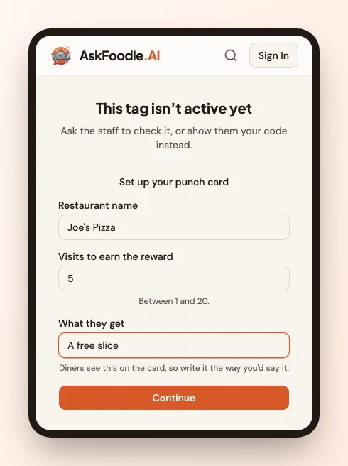 The setup form, with fields for restaurant name, visits to earn the reward, and what they get.