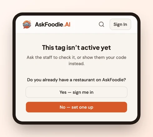 The same page asking "Do you already have a restaurant on AskFoodie?", with two buttons: "Yes — sign me in" and "No — set one up".
