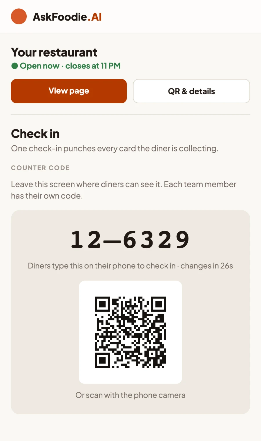 The Check in page, showing the counter code and a QR code beneath it.