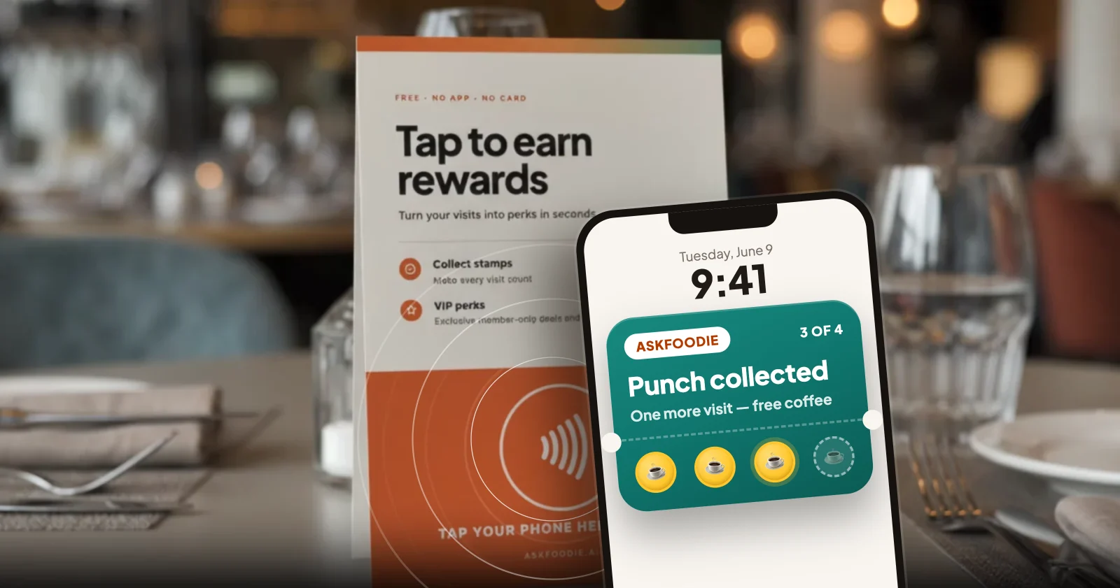 A phone held against the orange circle on the counter card, with the punch landing on its screen.