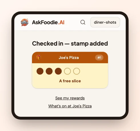 The tap screen reading "Checked in — stamp added" above a punch card showing three of five stamps filled and the reward "A free slice".