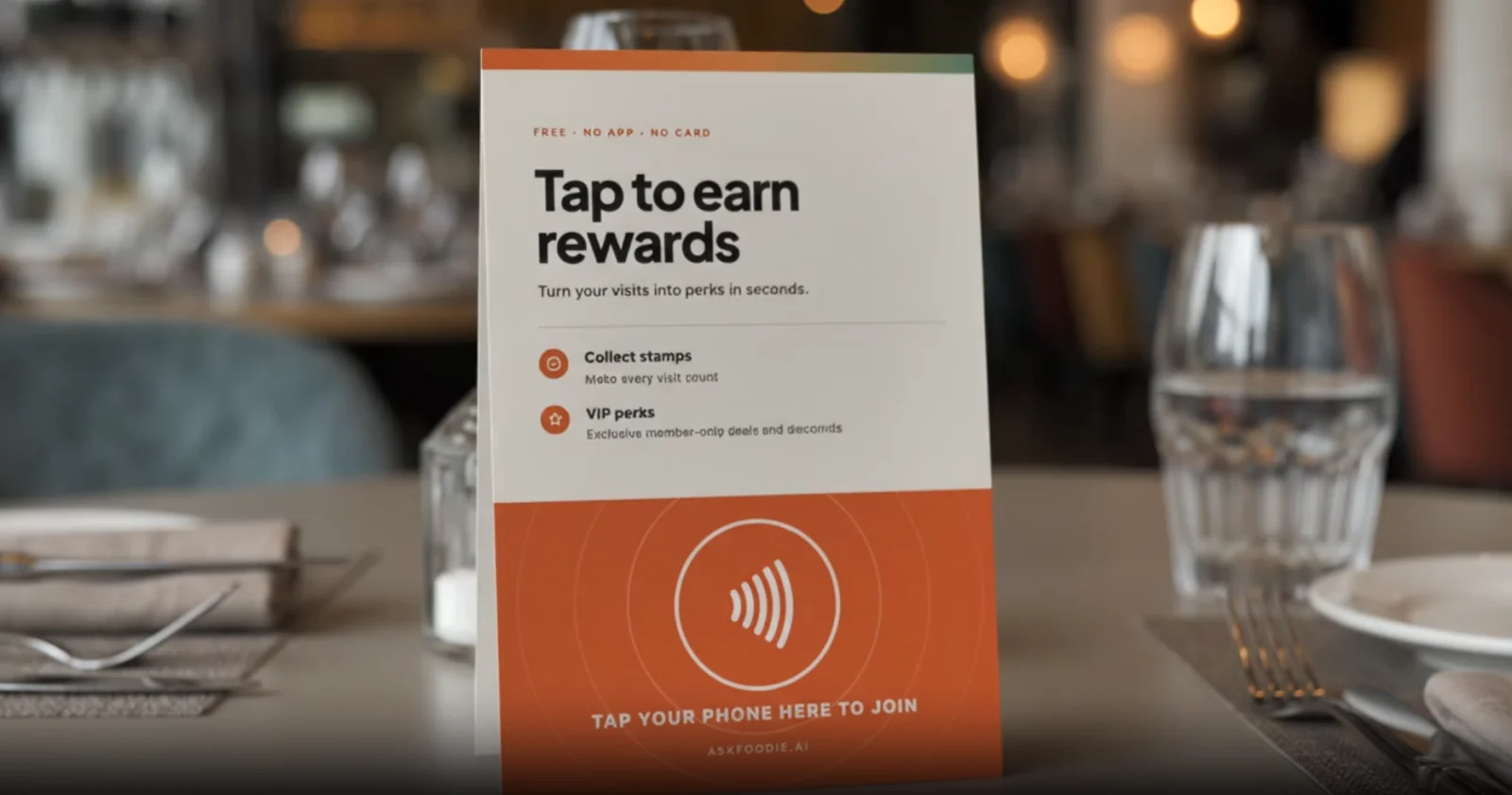 A paper tent on a laid restaurant table, reading “Tap to earn rewards”